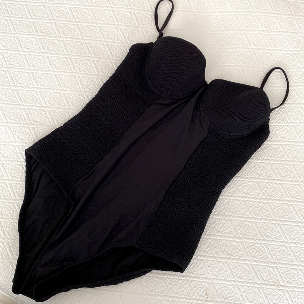 Black smocked one piece swimsuit